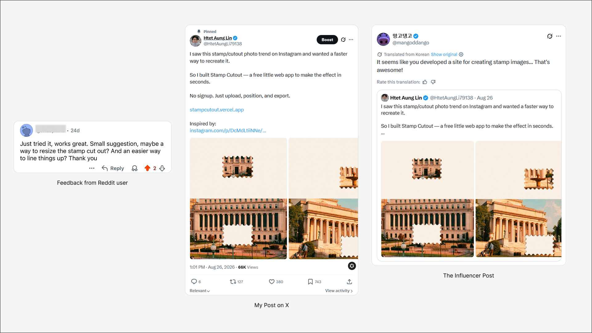 The Reddit resize request, my launch post on X, and the Korean influencer's reshare