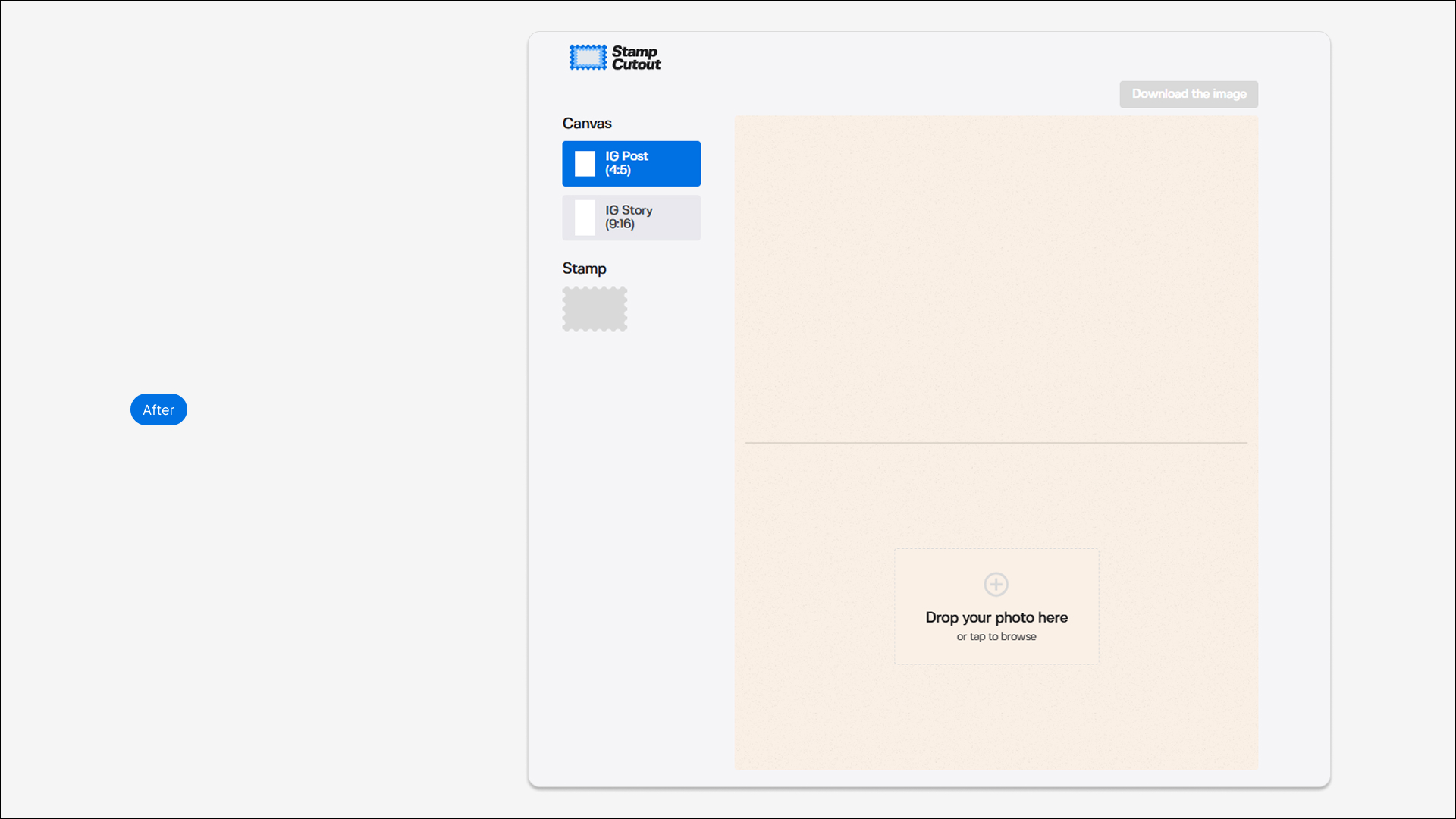 The redesigned interface: a slim canvas and stamp sidebar beside a large working canvas