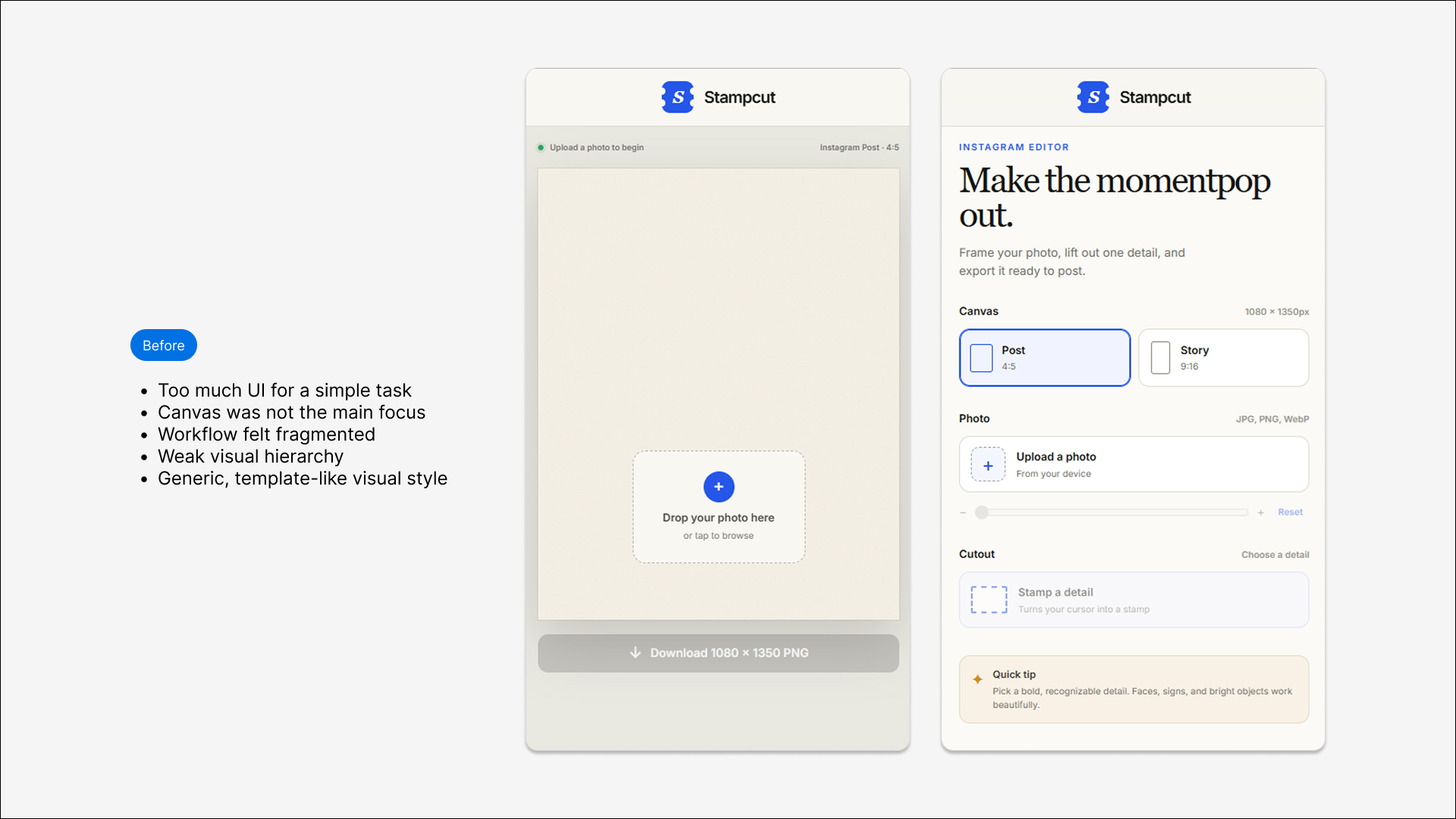 The AI-generated first version: a two-panel interface with a heavy control sidebar